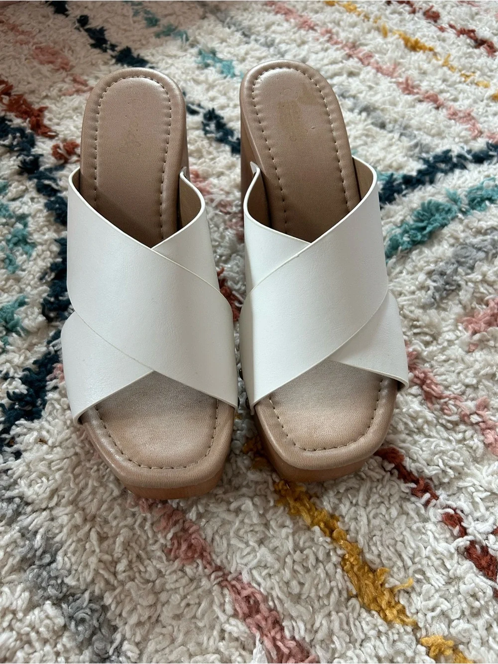 Qupid White Crisscross Platform Sandals with Wood-Effect Heel